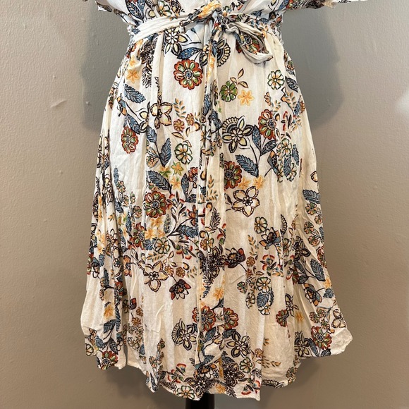 Hummingbird Floral Print Mini Dress V Neck Short Sleeve Tie Waist Summer White L - Picture 7 of 8